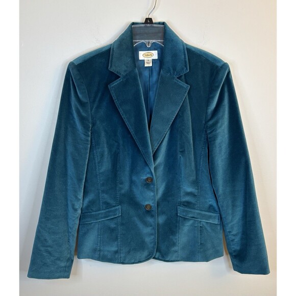 TALBOTS Velvet Blazer Women 12 Teal Jacket Cotton Silk Button Preppy Career - Picture 1 of 14